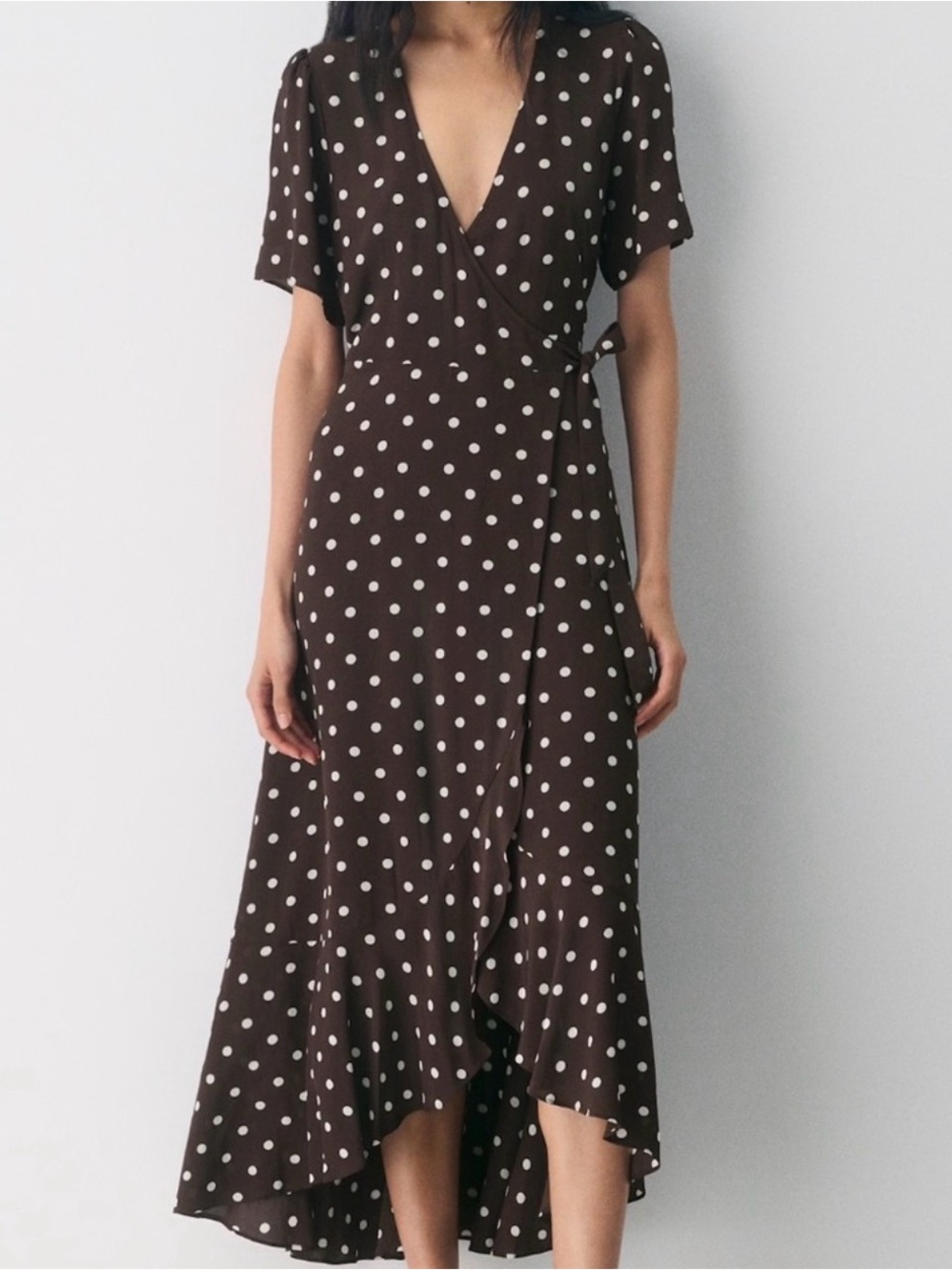 Aritzia Brown Polka Dot Wrap Midi Dress